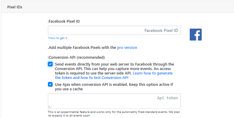 pixelyoursite setting api